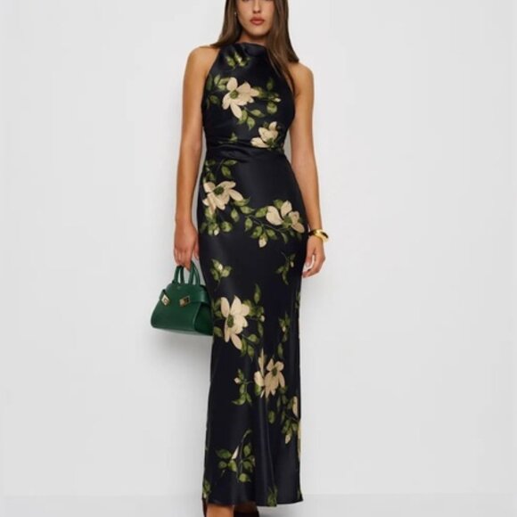 NEW Reformation Anaiis Silk Long Black Floral Backless Dress Mood for Love US 0 - Picture 13 of 16